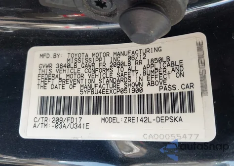 2012 Toyota Corolla S from USA, damaged, VIN 5YFBU4EEXCP051900